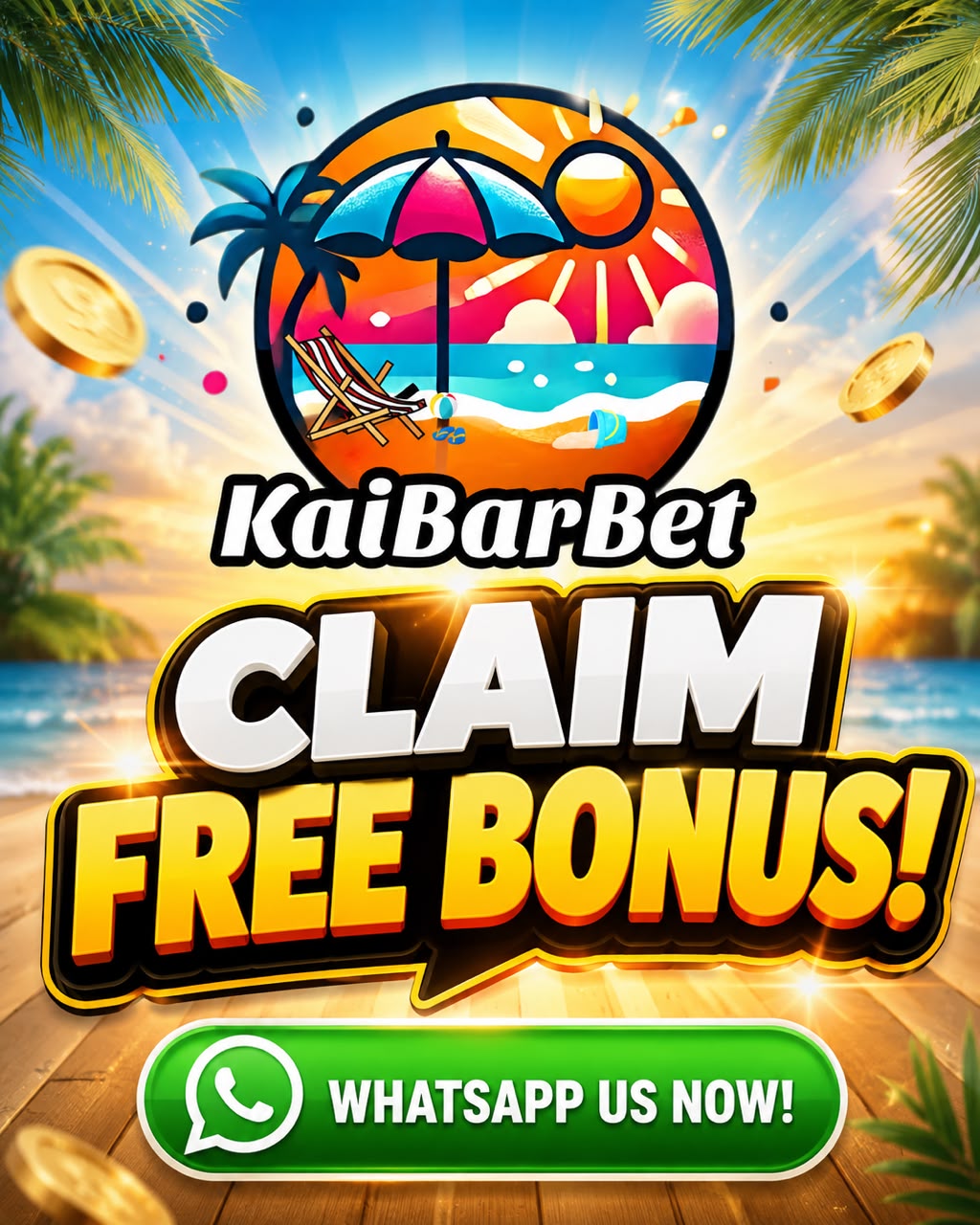 KaiBarBet promotional popup: Claim Free Bonus! WhatsApp Us Now!